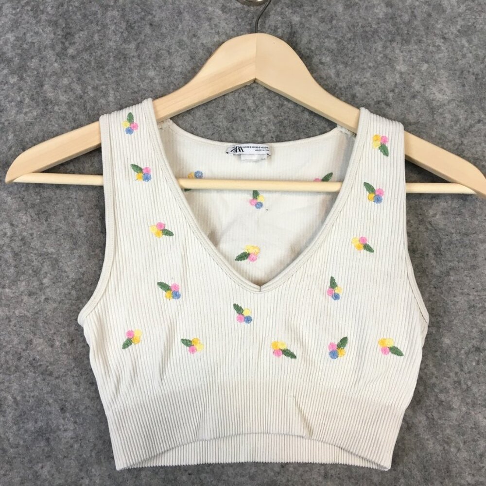 Zara Top XS Cropped Rib Knit Embroidered Floral V Neck Cottage Boho Cream Slim